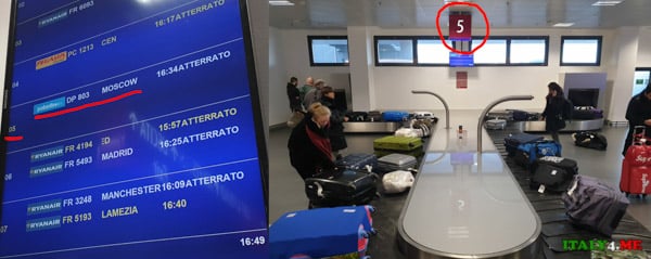 Табло и стойка получения багажа в аэропорту Бергамо для пассажиров из Москвы