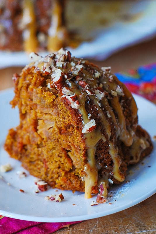 Apple Pumpkin Bundt Cake with Caramel Drizzle and Chopped Pecans