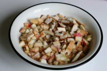 для начинки яблоки нарезать квадратиками, посыпать сахаром, корицей и хорошо перемешать, туда же добавить подсушенный хлеб, нарезанный мелкими кусочками