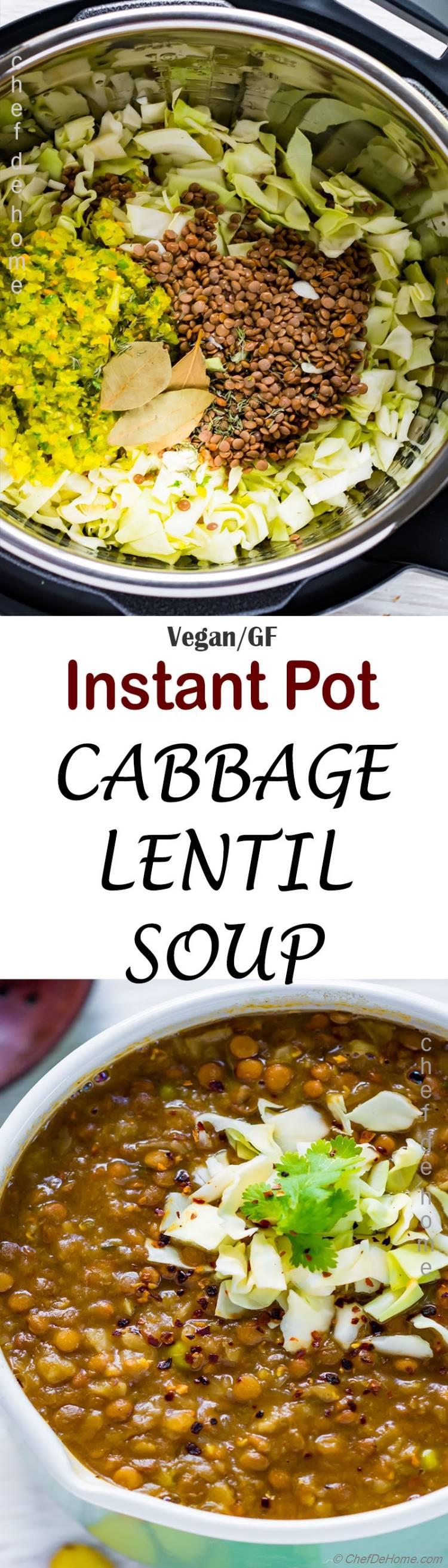Creamy vegan and gluten free lentil and cabbage soup for healthy cabbage soup diet in instant pot 