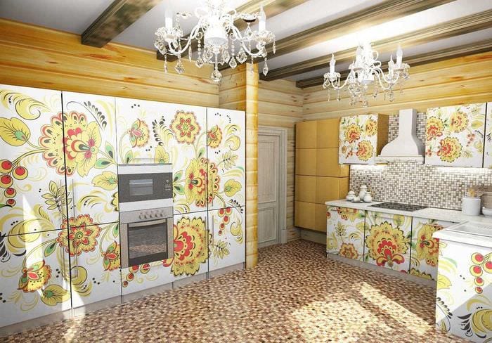 пример применения русского стиля в ярком декоре квартире