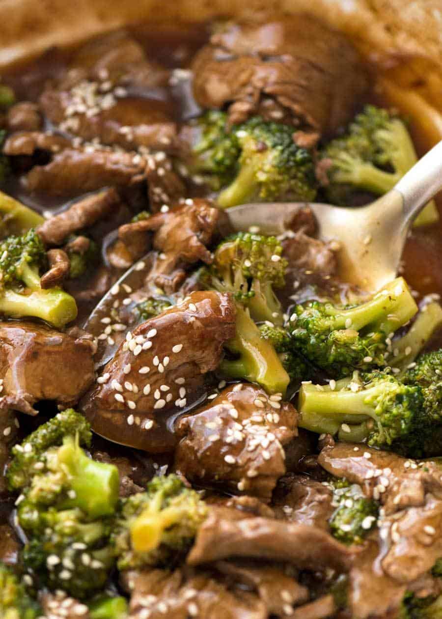 Close up of Chinese Beef and Broccoli in a skillet.