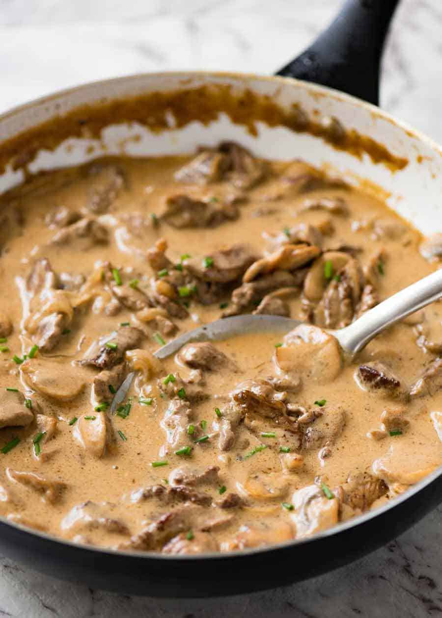 Beef Stroganoff in a skilet, fresh off the stove