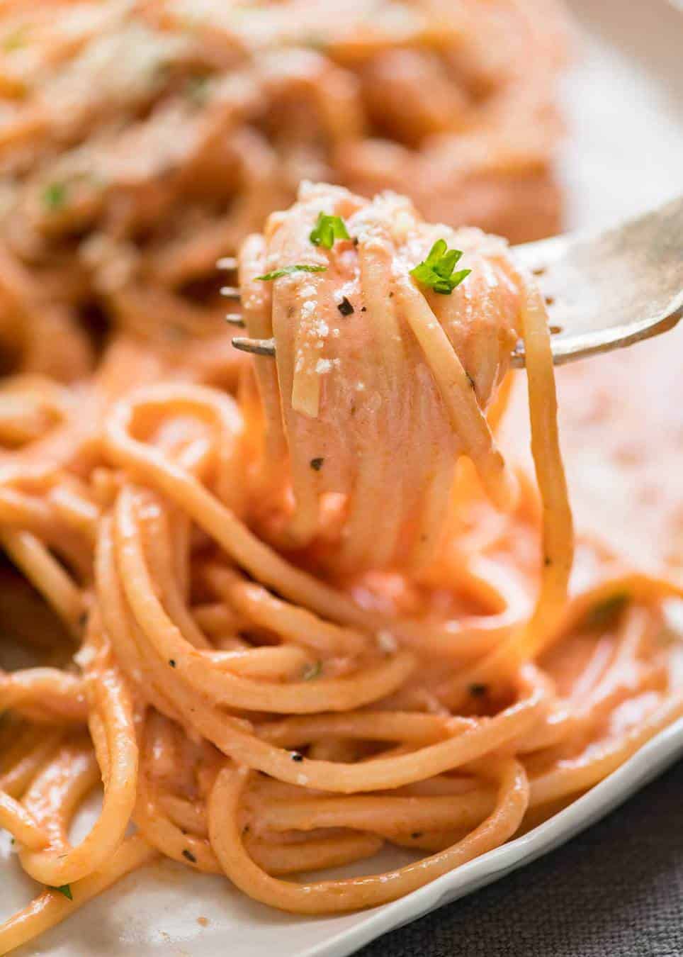 Creamy Tomato Pasta on a fork.